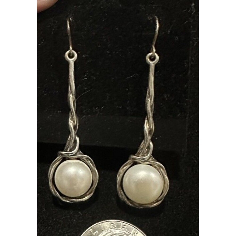 Vintage Israel Didae 925 Sterling Silver Pearl Dangle Drop Earrings